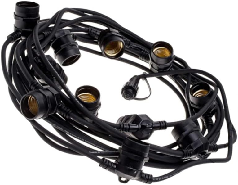 Catena Luminosa E27 Esterno IP54 con Portalampada, Collegabile, per Giardino Terrazzo Festa – Varianti 10 e 15 Luci Nero/Bianco P01-S01