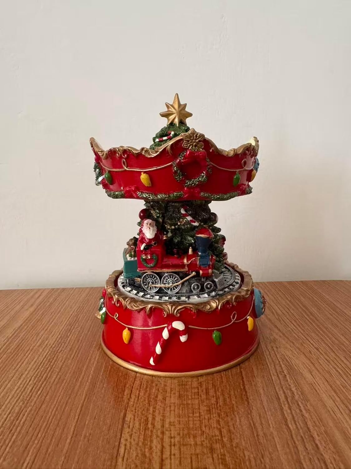 Carillon di Natale Rotante con Babbo Natale e Trenino, Giostra Musicale Natalizia con Movimento, Decorazione Natalizia da Tavolo Ø12×H16,5 cm 423507