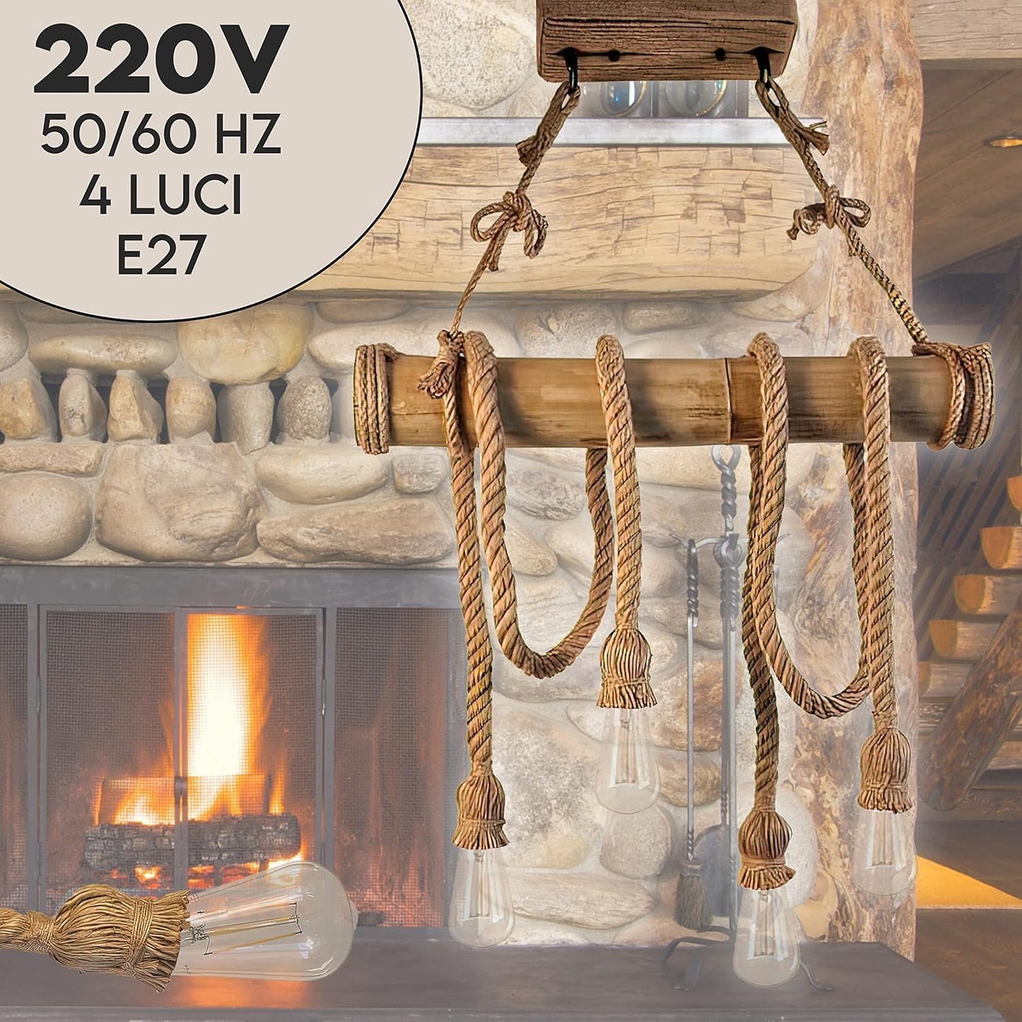 Lampadario Vintage Retro in Corda di Bambù con 4 Teste a Sospensione, Lampadario Corda Canapa Industriale 40W E27 per Cucina Soggiorno Sala da Pranzo Bar Caffè Ristorante Pizzeria Locale  B23