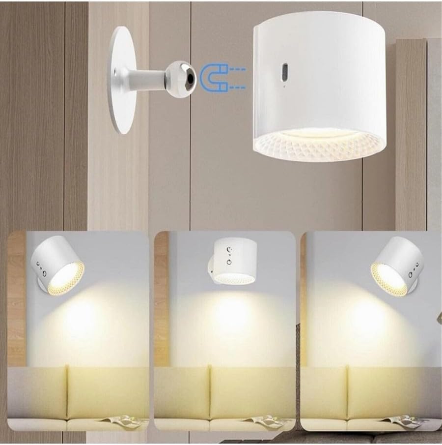 Applique LED da Muro 5W Ricaricabile USB, Lampada da Parete Moderna con 3 Colori (3000K-4500K-6500K), Rotonda in ABS, Bianco/Nero, per Camera da Letto Soggiorno Interni BD01