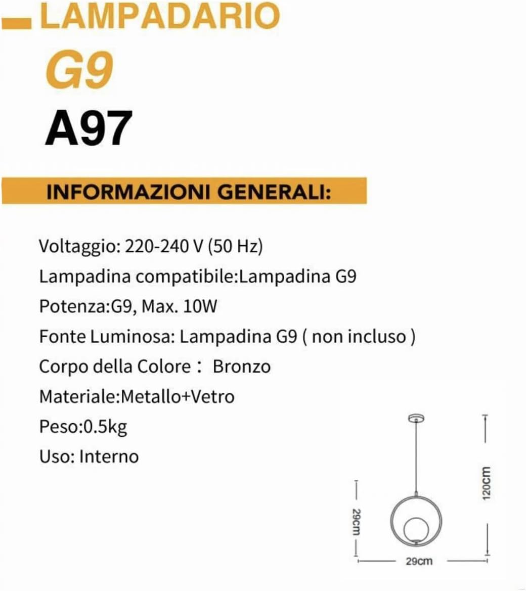 Lampadario bronzo sospensione LED cerchio pendente G9 paralume globo vetro luce tavolo cucina soggiorno ristorante A97