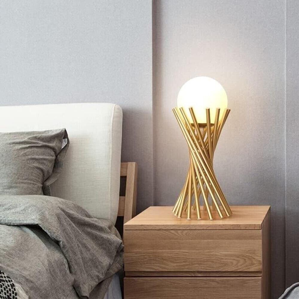 Lampada da tavolo in metallo tubolare sfera vetro G9 lume bronzo D32