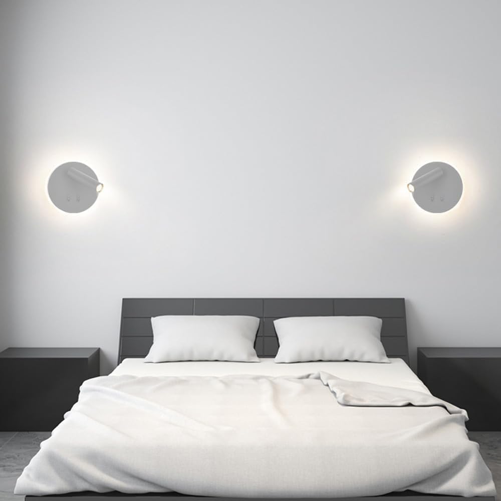 Applique da Muro LED 8W 3000K, Orientabile Rotonda, Bianco/Nero, Moderno Design per Camera da Letto, Corridoio, Soggiorno, Lampada da Parete Interno MR-01