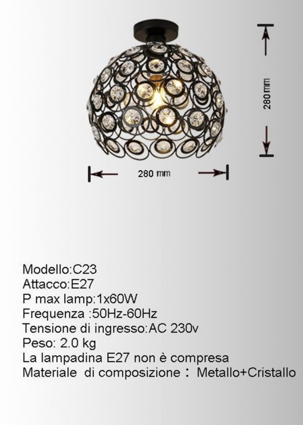 TEKHOME Lampadario da Soffitto a Sfera in Cristallo, Attacco E27, Nero e Bianco, Senza Lampadina, Stile Moderno, per Camera da Letto, Soggiorno, Corridoio, Ø28cm C23