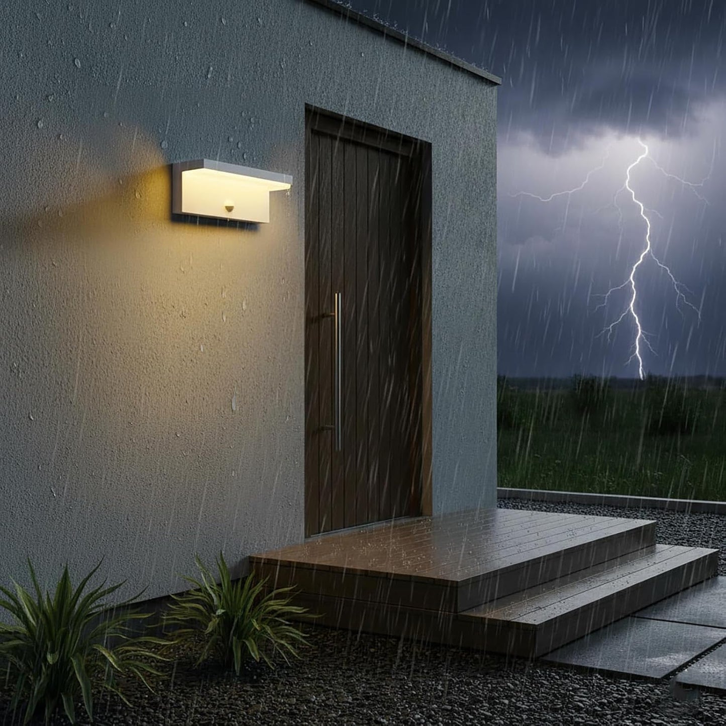 Applique LED da Esterno con Sensore di Movimento, 10W 1000LM CCT 2700K-6500K, Lampada da Parete Impermeabile Moderna in ABS+PC, per Giardino, Balcone e Ingresso – Bianco/Nero SS-ESA-01