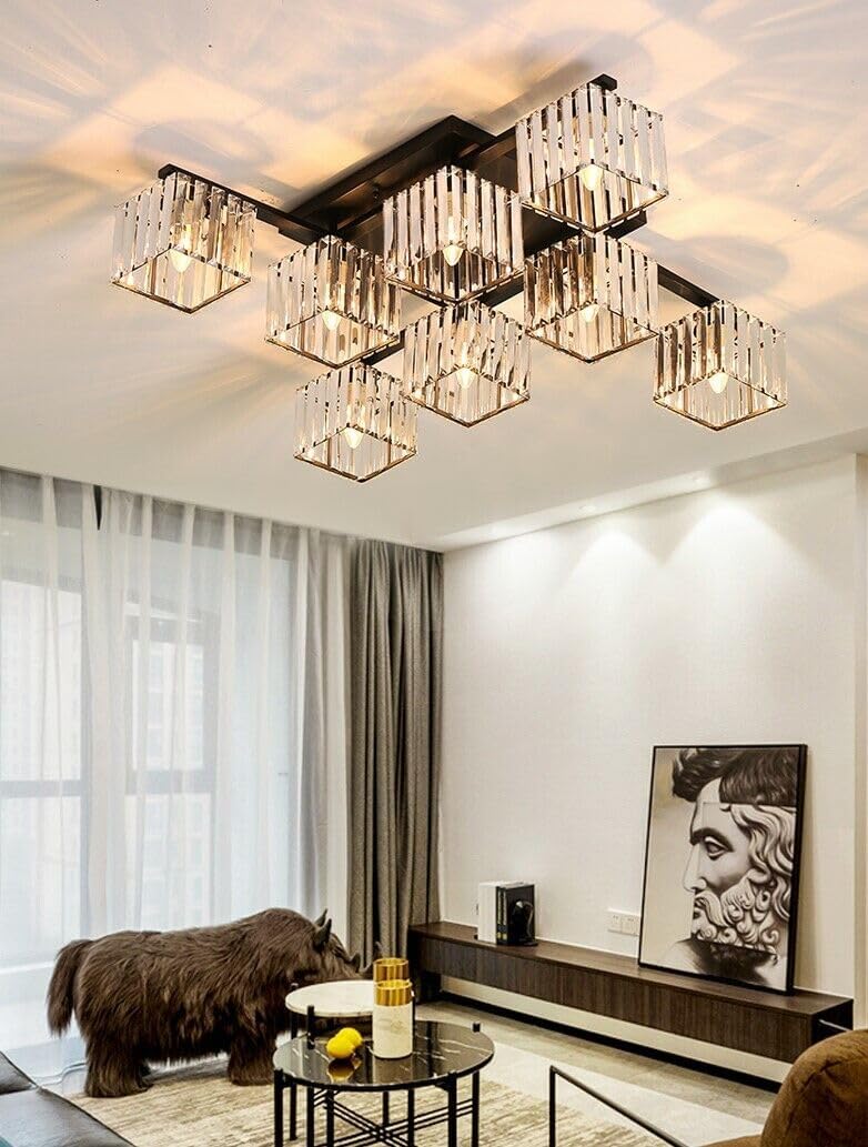 TEKHOME Lampadario da Soffitto 8 Luci E27, Stile Moderno Quadrato in Cristallo, Attacco E27 Max 60W, Struttura in Metallo Nero, Senza Lampadine, per Soggiorno Sala da Pranzo Interni C28-8