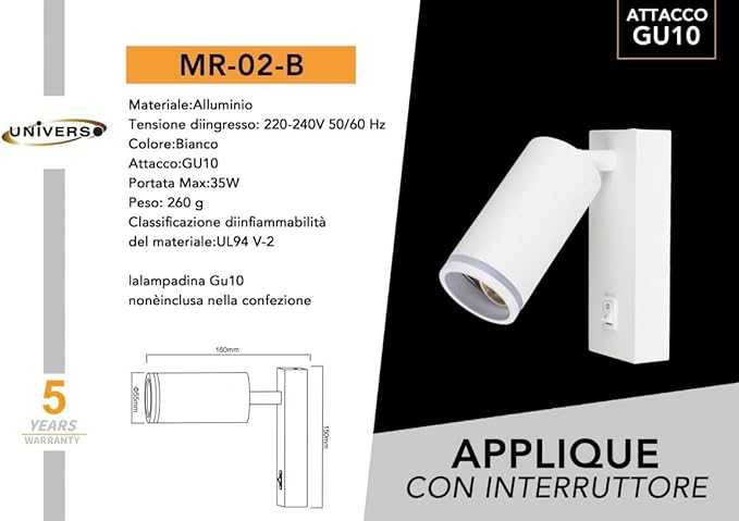 Applique da parete orientabile con interruttore | Attacco GU10 | Lampada da muro in alluminio sabbiato | Design moderno | Disponibile in bianco e nero (lampadina non inclusa) MR-02