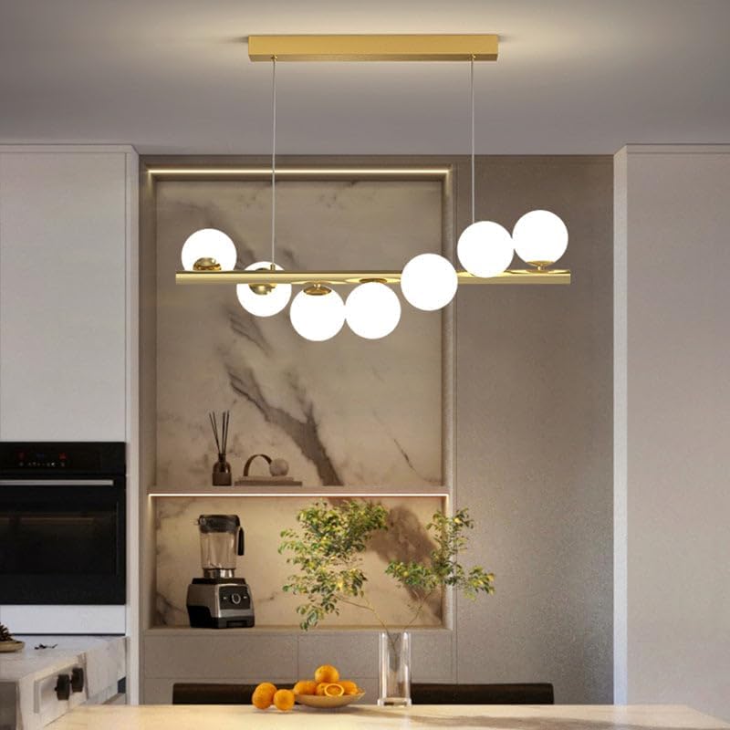 Lampadario Moderno a Sospensione 7 Luci G9, Design in Vetro Bianco e Ottone, Altezza Regolabile, per Soggiorno Cucina Sala da Pranzo Camera da Letto – Senza Lampadine A06
