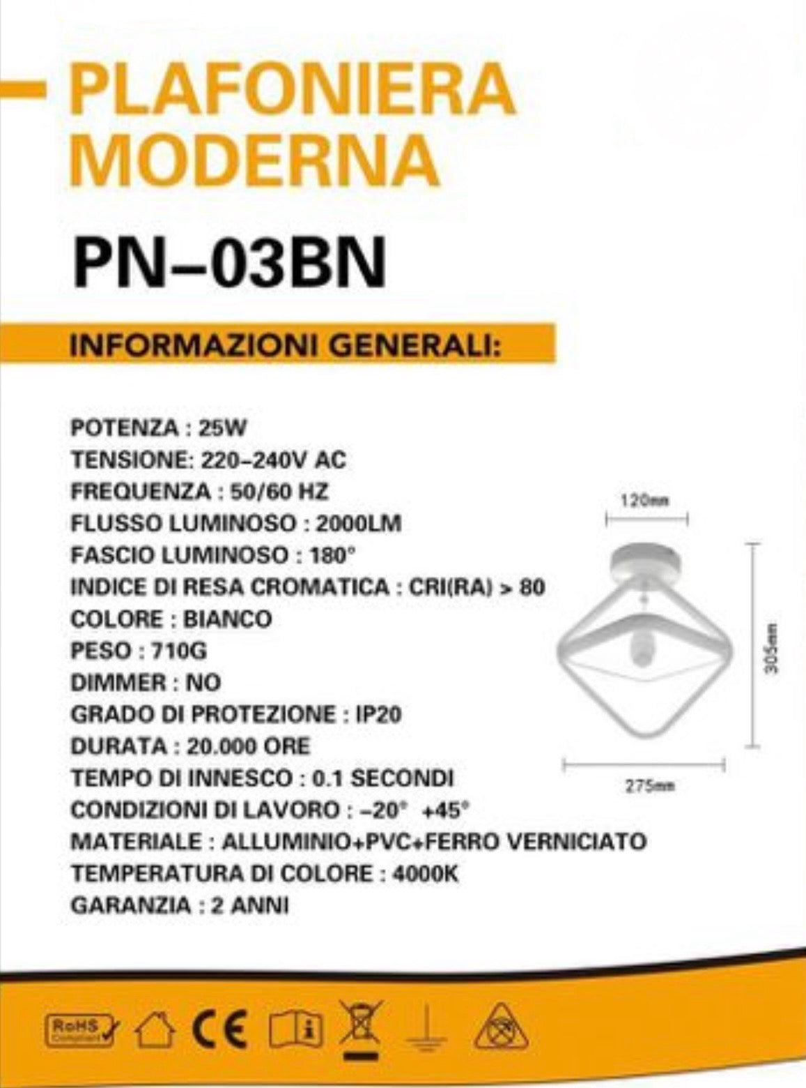 TEKHOME Lampadario led moderno 25 watt forma rombo plafoniera lampada da soffitto luce 3000K/4000K/ 6500K 2000Lm PN-03