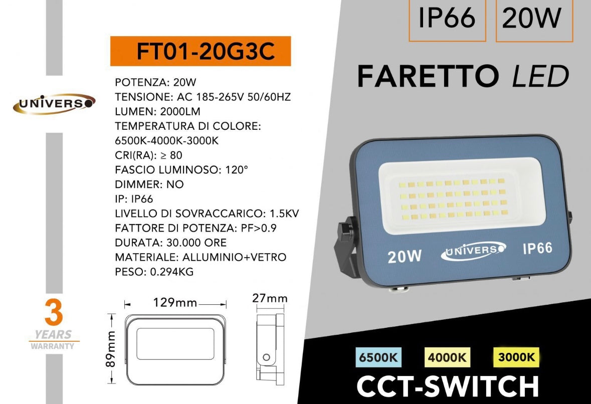 Faro LED Esterno CCT IP66 – 10W/20W/30W/50W/100W/200W – Selettore 3000K-4000K-6500K – Faretto LED da Esterno in Alluminio, Bianco o Grigio FT01