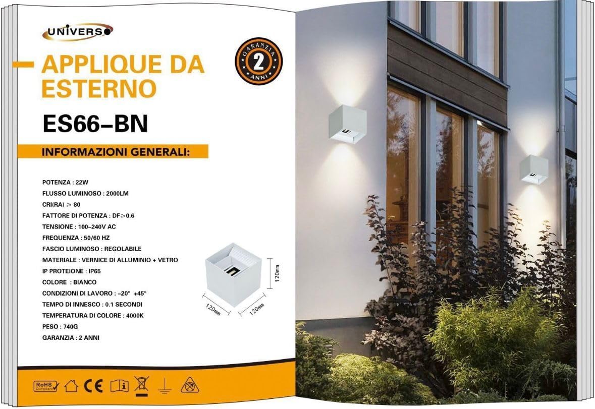 Applique da Esterno LED 22W IP65 – Lampada da Parete Moderna Up&Down Regolabile, Alluminio, 2000 Lumen, Bianco/Nero/Grigio, Luce 3000K/4000K/6500K ES66