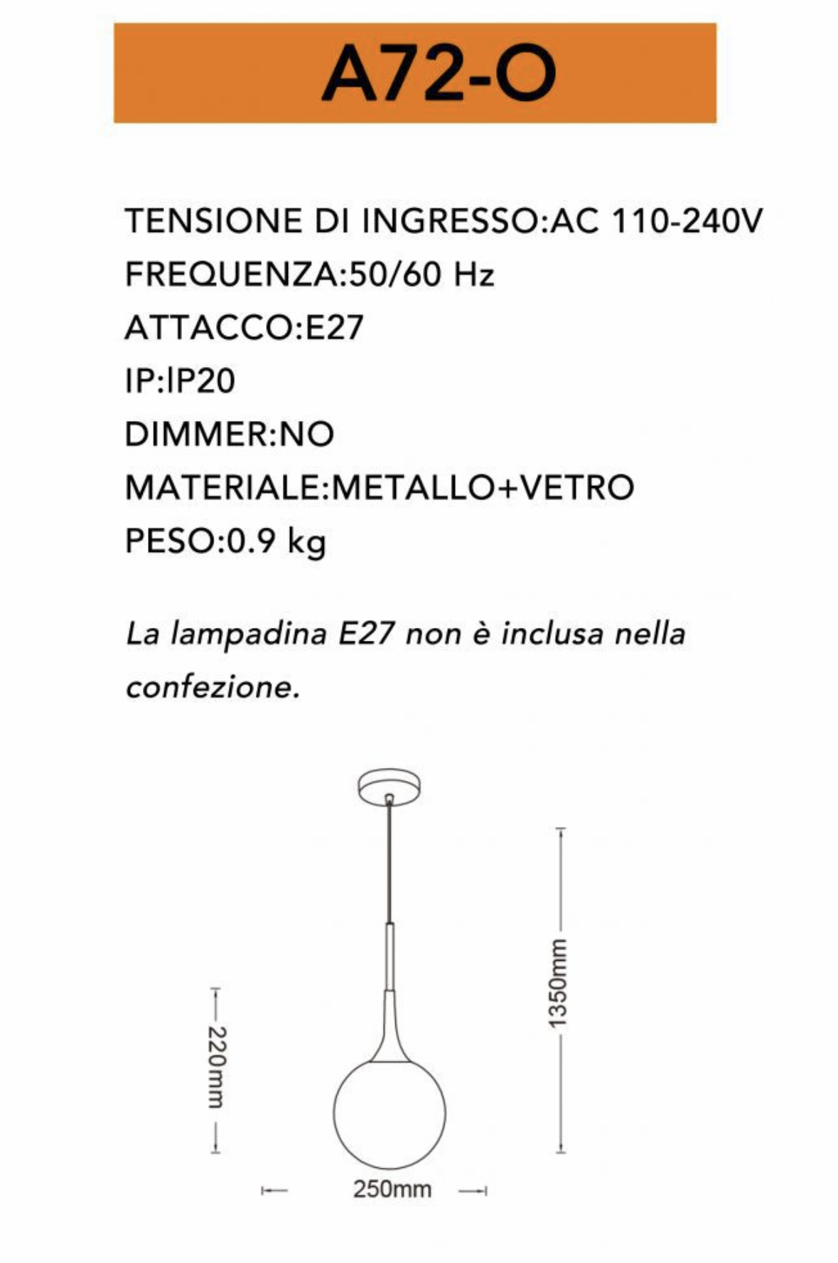 TEKHOME Lampadario a sospensione decorativa in metallo con sfera in vetro attacco E27 lampada contemporanea (Argento/Oro) A72