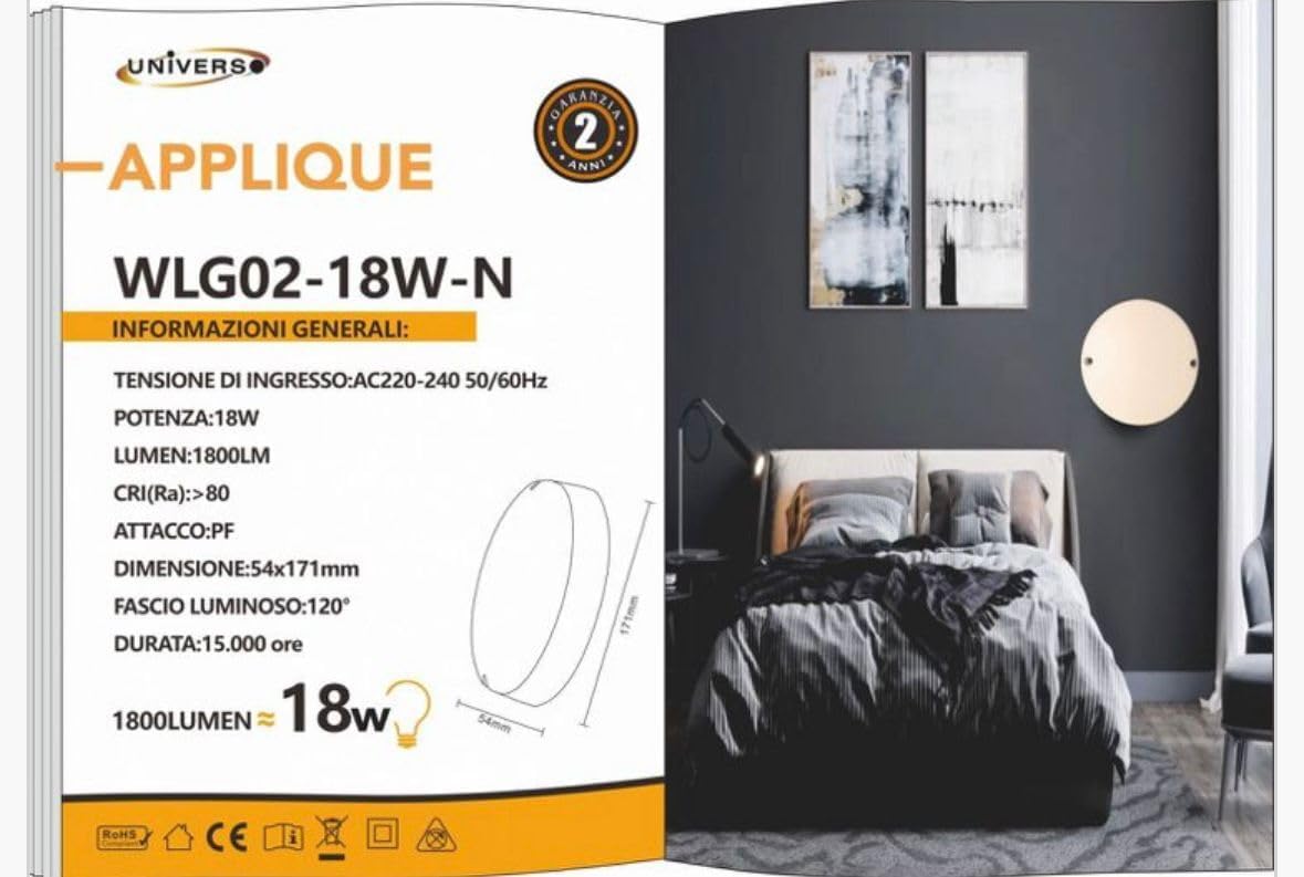 Applique da Muro LED 18W IP65 – Lampada da Parete Rotonda Moderna per Interno ed Esterno, 1800 Lumen, Luce Calda 3000K / Neutra 4000K / Fredda 6500K, Design Minimalista WLG02