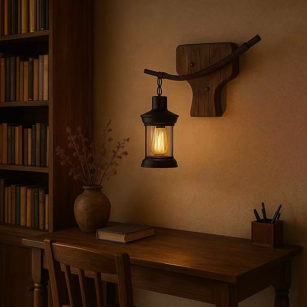 TEKHOME Applique da Muro Vintage in Legno a Forma di Coda di Pesce, Portalampada E27, Design Rustico Industriale con Vetro, Lampada da Parete Interni per Taverna, Ristorante e Soggiorno – E55