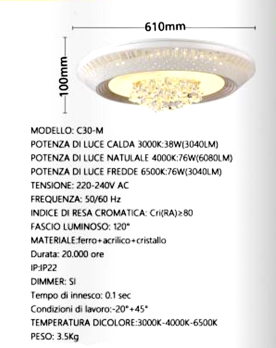 Lampadario LED con Cristalli Dimmerabile con Telecomando 3000K-4000K-6500K, Plafoniera Moderna per Camera da Letto Soggiorno – 3 Misure Disponibili (S/M/G) C30
