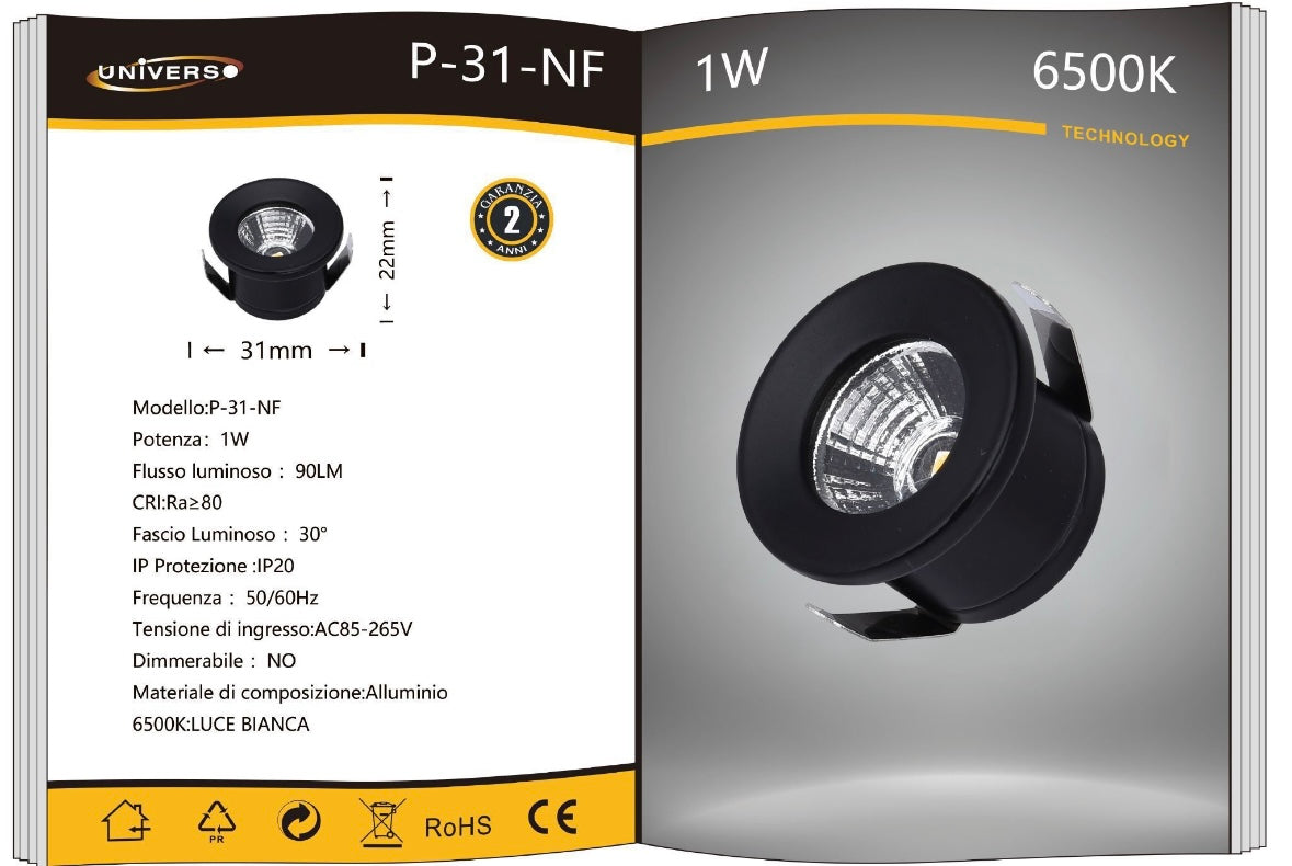 5 Pezzi,Faretti LED da Incasso 1W, Foro Ø32 mm, 80 lm, Luce 3000K/4000K/6500K o Rosso/Verde/Blu, Fascio 30°, AC 110-240V, Corpo in Alluminio, Modello P-31