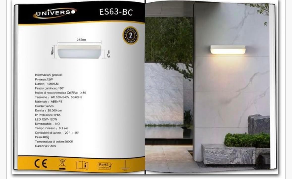 Applique da Esterno LED 12W IP65 – Lampada da Parete Moderna Impermeabile, Luce Diffusa a 180°, Alluminio + ABS, Ideale per Facciata, Balcone e Giardino ES63