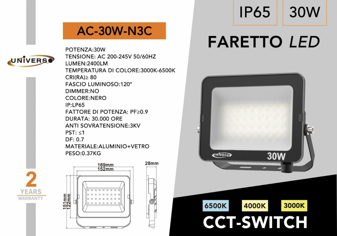 Faretto LED da Esterno IP65 – CCT Switch 3000K/4000K/6500K, 10W–50W, Faro LED Impermeabile per Giardino, Cortile, Garage- Serie AC