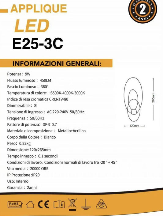 TEKHOME Applique da Parete LED 9W CCT 3000K-6500K Bianca, Lampada da Muro Moderna Dimmerabile, Design Decorativo Interno E25-3C