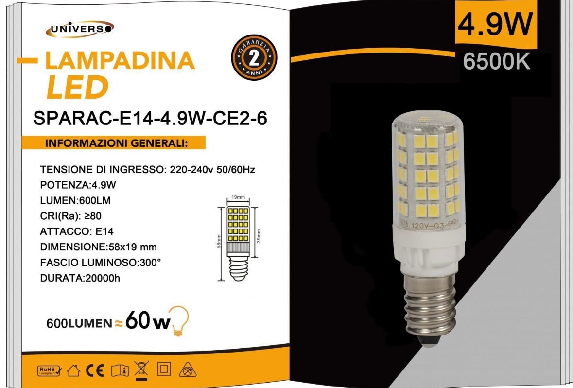 Lampadine LED E14 4.9W 600LM 6500K, 10 Pezzi, Luce Fredda, Formato Compatto 19x58mm, 220-240V, SPARAC-E14-4.9W-CE2-6