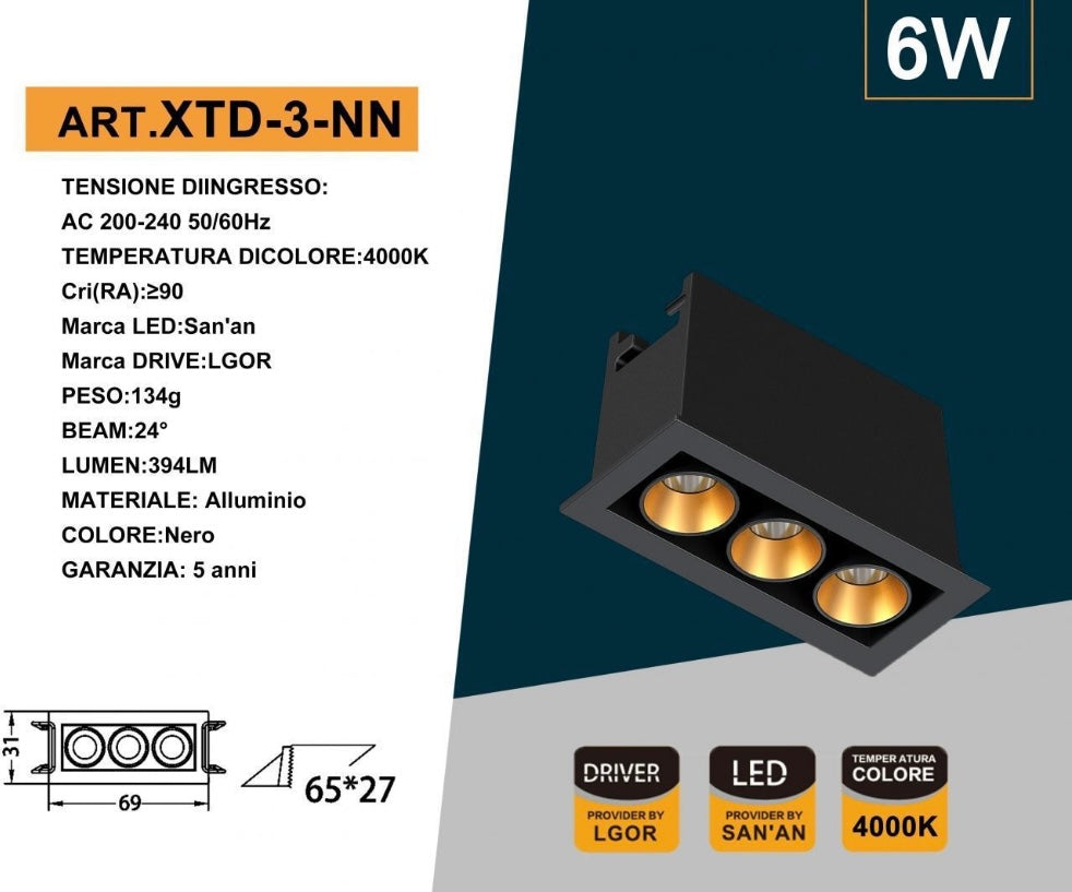 Faretto LED da Incasso Rettangolare Nero 6W, 3 Spot, CRI ≥90, Fascio 24°, Alluminio, Faretti da Incasso per Cartongesso e Controsoffitto, 3000K/4000K/6500K, 1 Pezzo, XTD-3-N