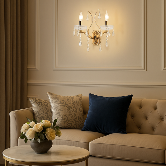 TEKHOME Applique da Parete Classica con Cristalli, 2XE14, Oro, Lampada da Parete in Stile Candelabro per Soggiorno, Camera da Letto, Corridoio E68-2