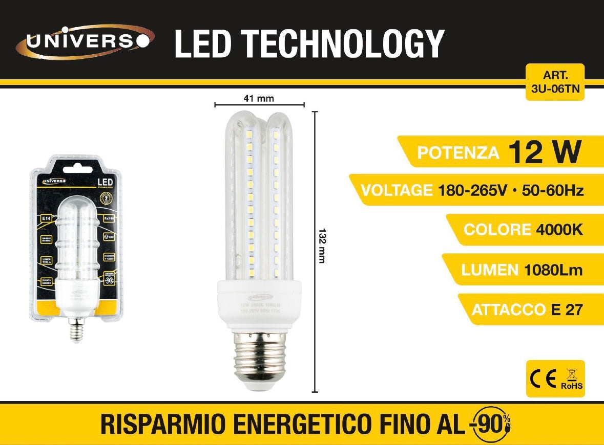 Lampadine LED E27 12W, Confezione da 6 Pezzi, 1080LM, 4000K Luce Naturale, Lampadina LED a Mais 3U, Fascio Luminoso 360°, CRI>80, Basso Consumo Energetico, Non Dimmerabile, Modello 3U-06TN