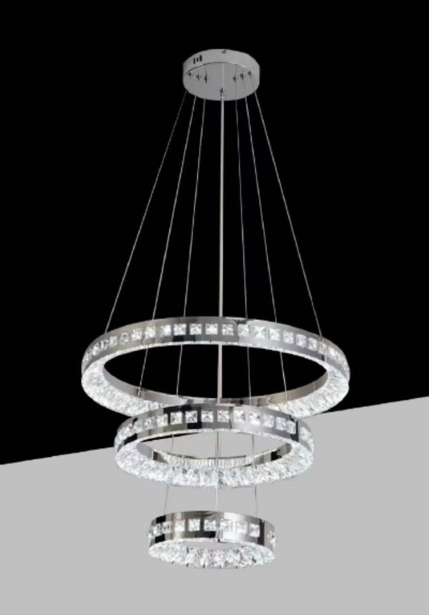 Lampadario LED Moderno 46W CCT 3680 Lumen, Sospensione a 3 Cerchi in Cristallo, Luce 3000K-6500K, Lampadario da Soffitto per Soggiorno Sala da Pranzo Camera B50-3C