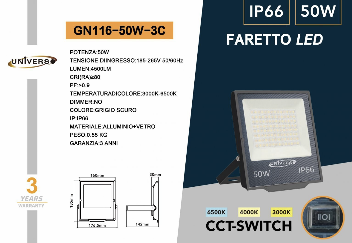 Faretto LED da Esterno IP66 GN116 – 30W / 50W / 100W / 200W, CCT Switch 3000K 4000K 6500K, Faro LED Impermeabile, Corpo in Alluminio, Luce Potente per Giardino Cortile Garage