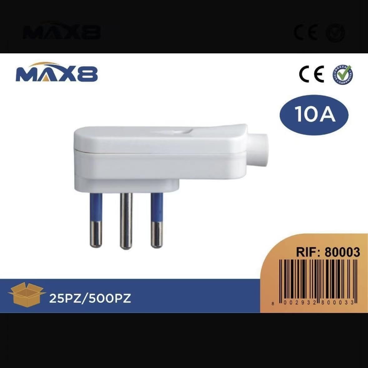 5 Pezzi – Spina Elettrica Italiana 10A 2P+T Bipasso, Presa Maschio con Terra per Cavi e Prolunghe – Modello MAX8-80003
