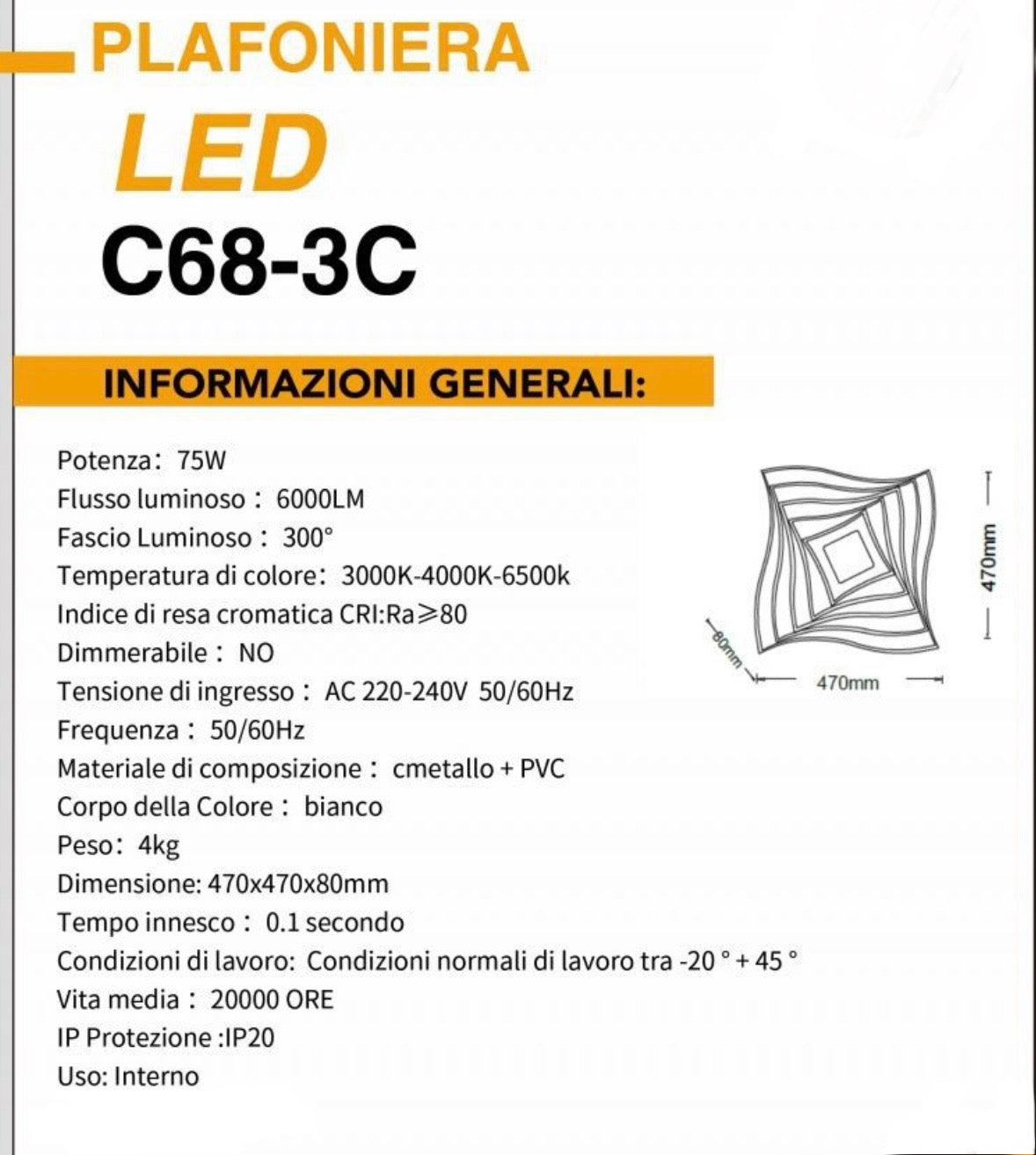 TEKHOME Plafoniera a led da interno moderna a soffitto forma quadrata 3D lampada adatta per camera da letto salone soggiorno solotto cucina locali commerciali 75W (Quadrata 3d - 3 Colori) C68-3C