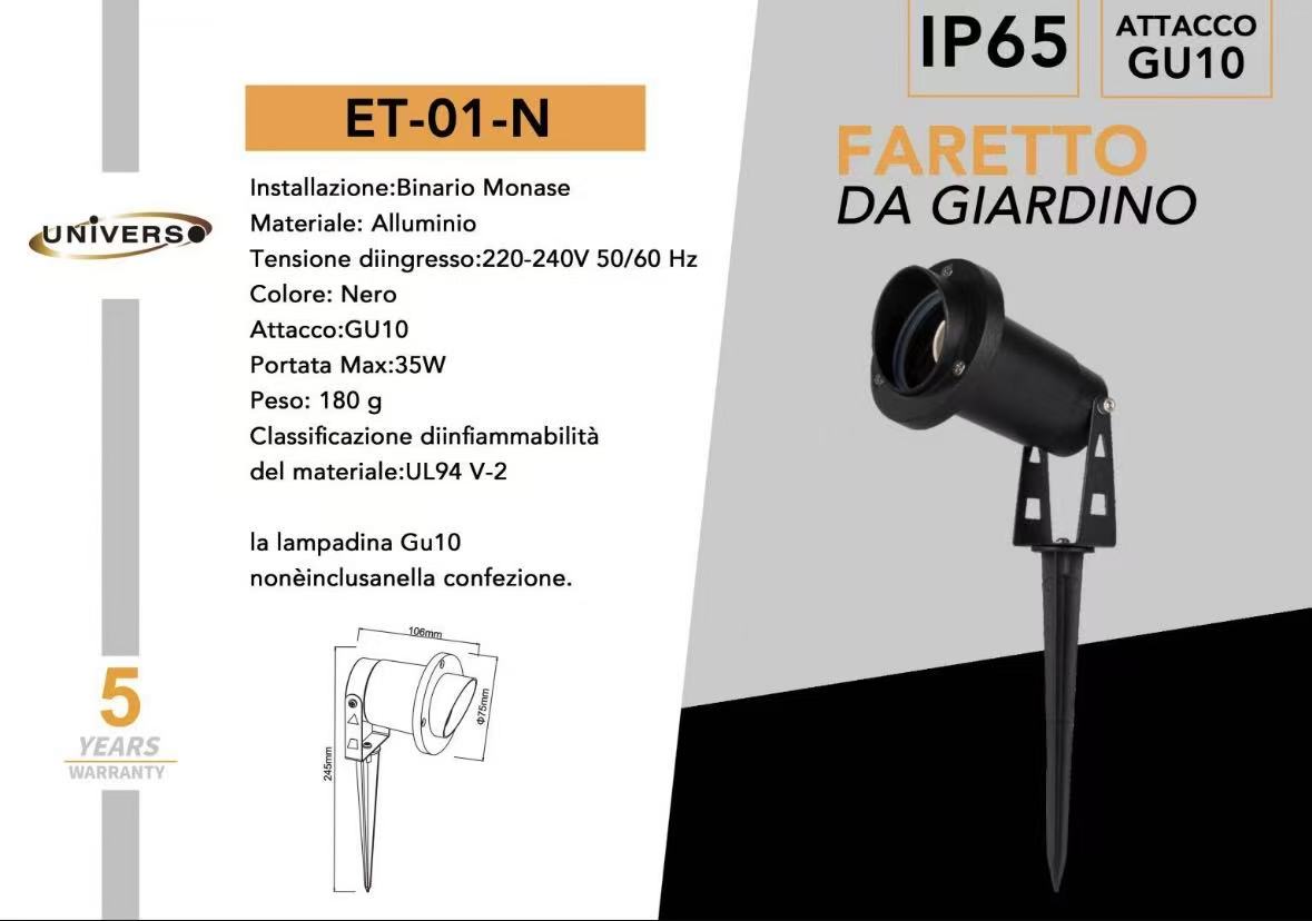 Faretto da Giardino con Picchetto IP65 per Esterno, Attacco GU10, Orientabile, Alluminio, Impermeabile, Ideale per Illuminazione Giardino, Vialetti e Piante – Modello ET-01