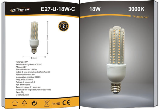 Lampadine LED E27 18W, Confezione da 10 Pezzi, 1800LM, 3000K Luce Calda, Lampadina LED a U, Fascio Luminoso 360°, CRI>80, Basso Consumo Energetico, Non Dimmerabile, Modello E27-U-18W-C