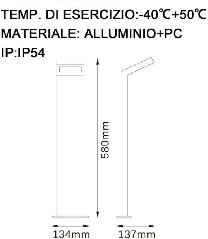 Lampione da Giardino Moderno 10W, Paletto Luce LED Esterno 4000K, IP54 Impermeabile, H580mm, Lampada da Esterno per Vialetti, Cortile, Giardino – Alluminio 954PA-H580