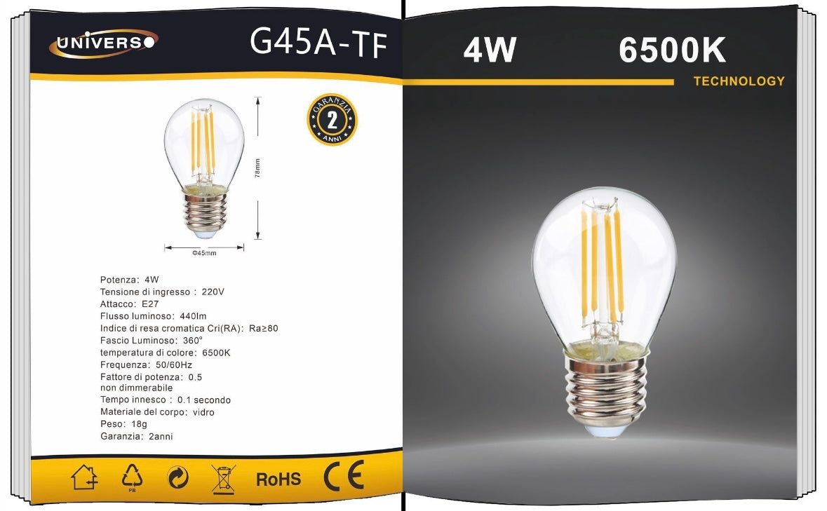 Lampadine LED E27 G45 4W, Confezione da 5 Pezzi, 440LM, 3000K/4000K/6500K e Colori Rosso Verde Blu, Lampadine Decorative in Vetro Trasparente, Luce a 360°, Basso Consumo, Modello G45A-T