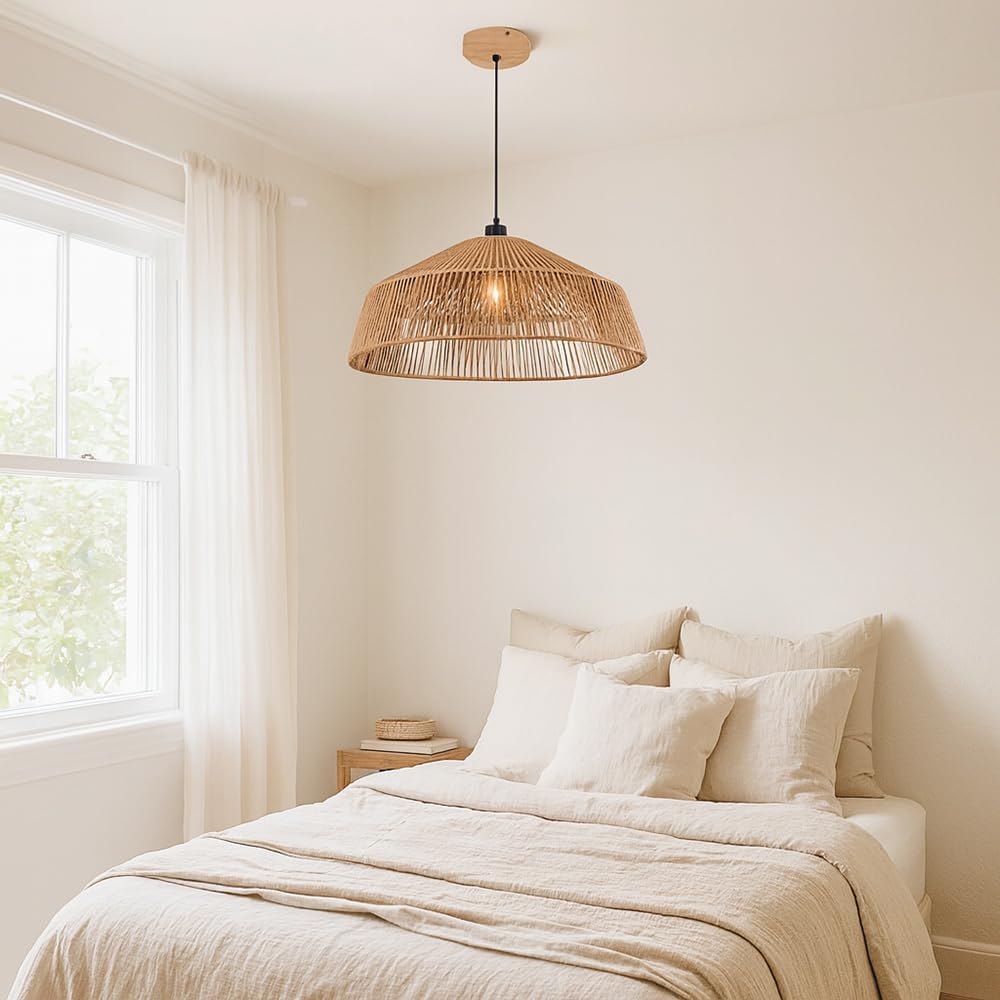 Lampadario a Sospensione in Stile Boho 40/50cm, Paralume in Rattan/Filo di Corda, Attacco E27, Altezza Regolabile, Illuminazione per Cucina Soggiorno Sala da Pranzo – Naturale LP-48