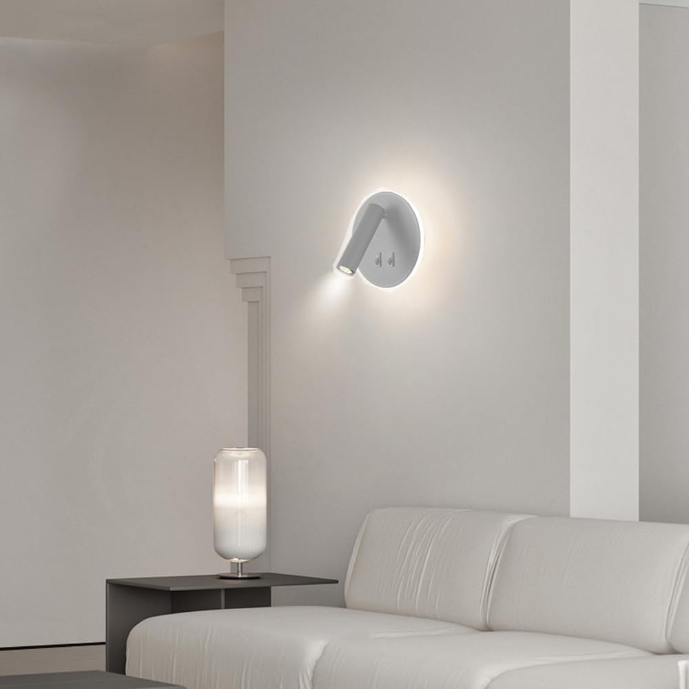 Applique da Muro LED 8W 3000K, Orientabile Rotonda, Bianco/Nero, Moderno Design per Camera da Letto, Corridoio, Soggiorno, Lampada da Parete Interno MR-01