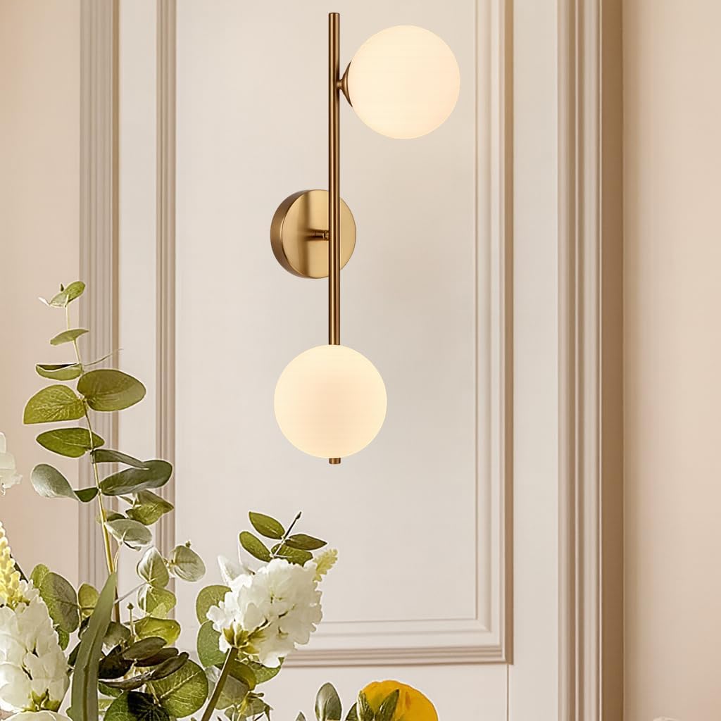 Applique Moderna da Parete 2 Luci in Ottone, Attacco G9, Lampada da Parete per Soggiorno Camera Corridoio, Design Elegante in Metallo + Vetro, IP20 – Senza Lampadina AQ41