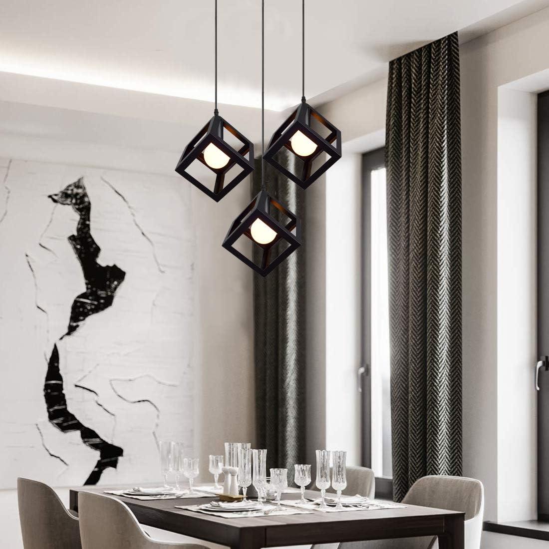 Lampadario a Sospensione con 3 Cubi Metallo, Attacco E27, Stile Moderno Industriale per Cucina Soggiorno Camera da Letto – 120cm Regolabile.Bianco/Nero/Marrone LP-47