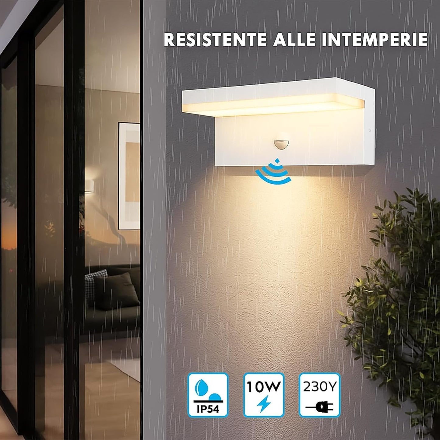Applique LED da Esterno con Sensore di Movimento, 10W 1000LM CCT 2700K-6500K, Lampada da Parete Impermeabile Moderna in ABS+PC, per Giardino, Balcone e Ingresso – Bianco/Nero SS-ESA-01
