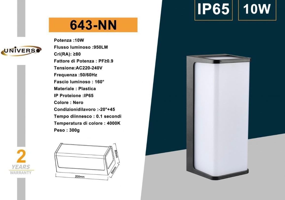 Applique da Esterno LED IP65 10W – Lampada da Parete Moderna Rettangolare per Esterno e Interno, 3000K/4000K/6500K, Bianco o Nero, 950 Lumen, Impermeabile 643