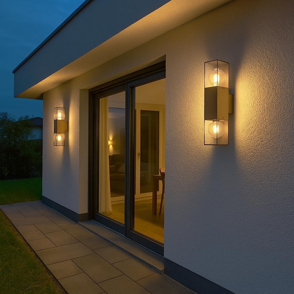 Applique da Esterno IP44 con Attacco E27, Lampada da Parete in Alluminio e Acrilico, 2xE27 12W, Design Moderno Doppia Luce Su e Giù, per Facciata, Giardino e Balcone – Colore Ruggine ESM-01C