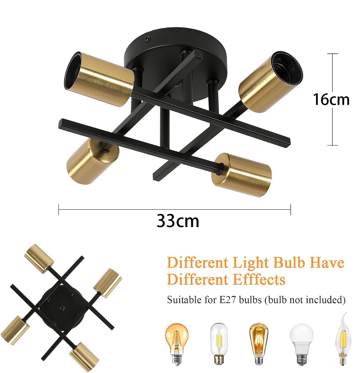 Plafoniera Industriale E27 a 4 Luci, Lampadario da Soffitto in Metallo Nero e Ottone, Attacco E27, Design Moderno Industriale per Cucina Soggiorno Camera da Letto – PN-16 (Lampadina Non Inclusa)