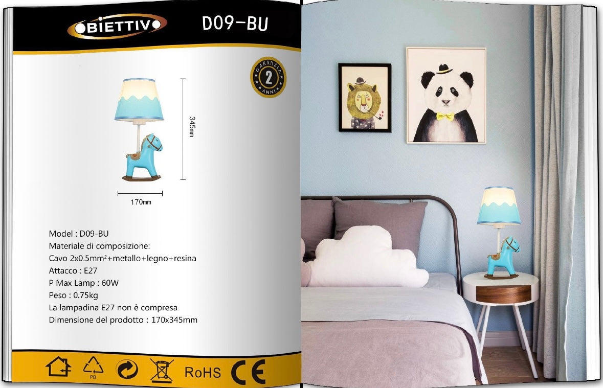 Lampada da Comodino per Bambini – Lampada da Tavolo con Cavallo Blu, Attacco E27, Paralume Decorativo, Luce Notturna Cameretta, Max 60W D09-BU