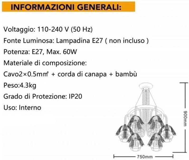 Lampadario sospensione corde in canapa cerchio metallo vintage portalampada e27 A90-6