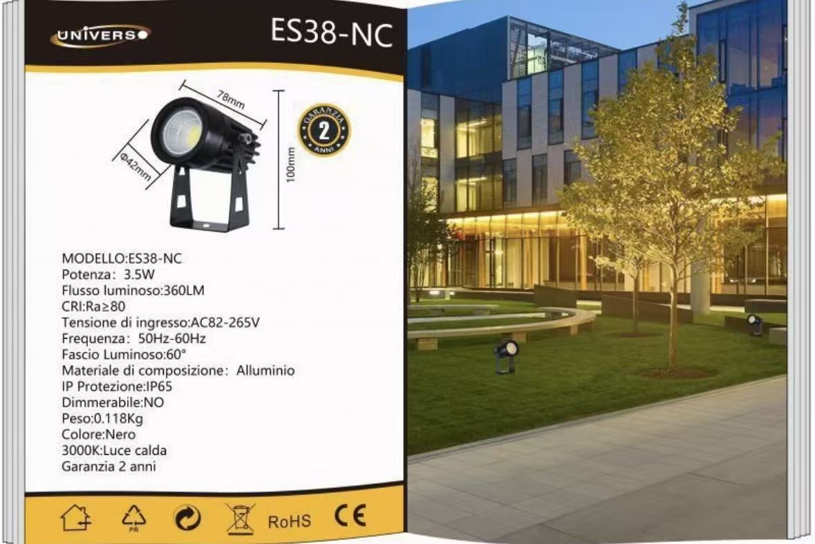 Faretto LED da Esterno 3,5W IP65, Luce Calda 3000K, Spot da Terra per Giardino e Facciata, Corpo in Alluminio Nero, Illuminazione Outdoor – ES38-NC