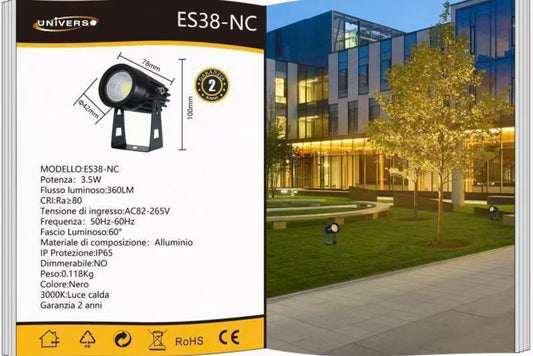 Faretto LED da Esterno 3,5W IP65, Luce Calda 3000K, Spot da Terra per Giardino e Facciata, Corpo in Alluminio Nero, Illuminazione Outdoor – ES38-NC