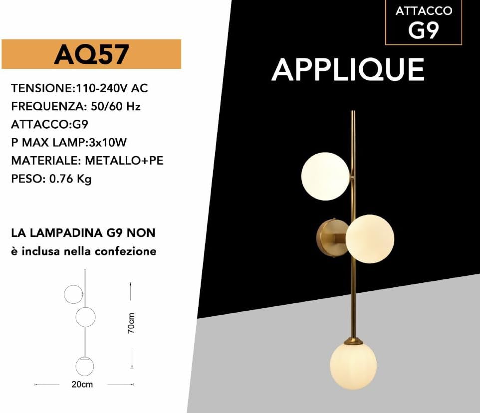 Applique da Parete a 3 Luci in Ottone con Attacco G9, Lampada Moderna da Muro Design Globo, 3 x 10W Max, Senza Lampadine, 70cm AQ57