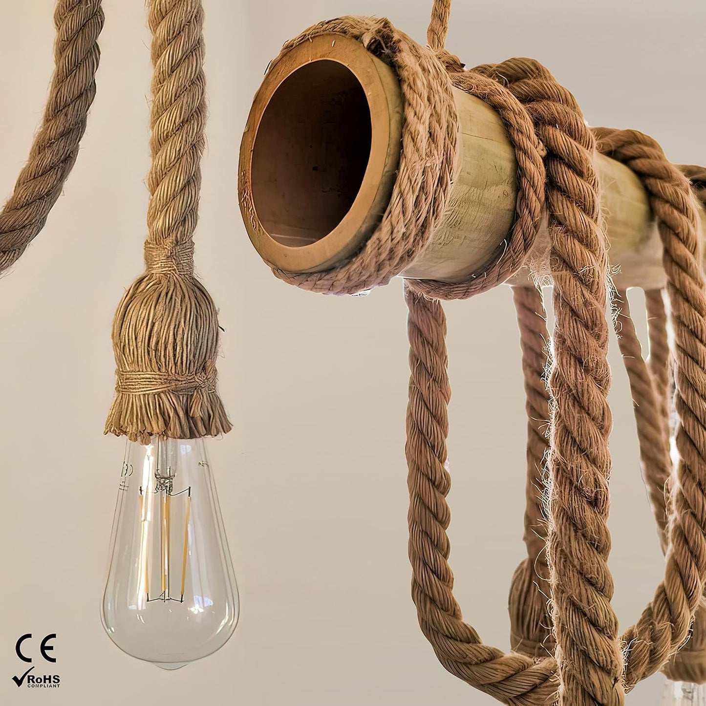 Lampadario Vintage Retro in Corda di Bambù con 4 Teste a Sospensione, Lampadario Corda Canapa Industriale 40W E27 per Cucina Soggiorno Sala da Pranzo Bar Caffè Ristorante Pizzeria Locale  B23