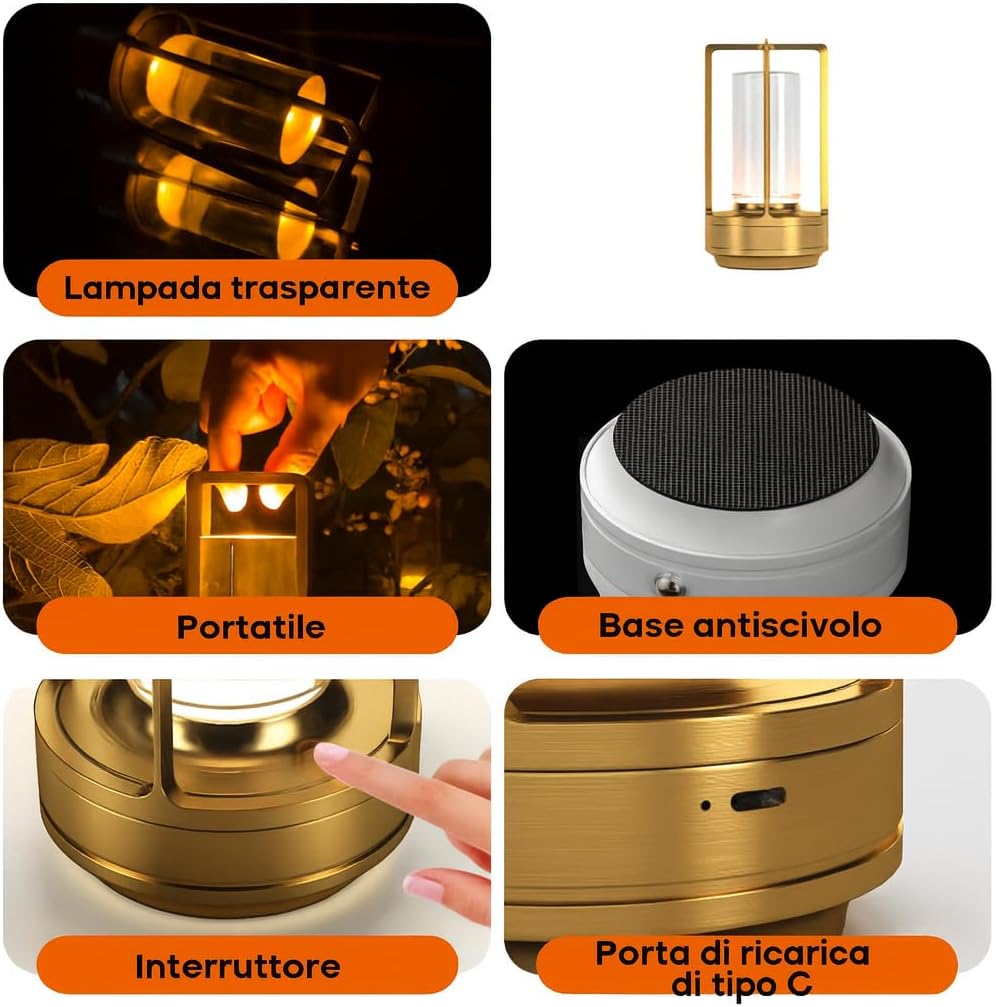 Lampada LED da Tavolo Ricaricabile 3W – Luce Portatile Touch con 3 Temperature di Colore, Batteria 2000mAh, Design Moderno in Alluminio e Acrilico – Uso Interno D37